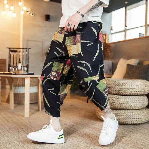 

men's pants summer cotton linen harem men casual hip hop trousers cross bloomers calf-length joggers streetwear faa3, Black