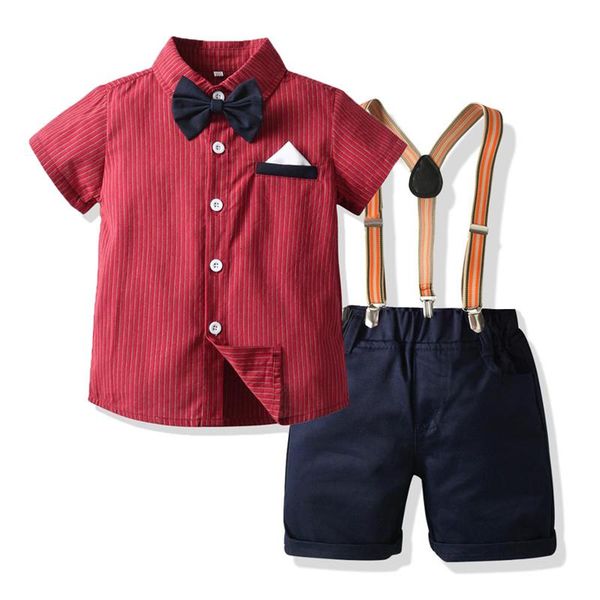 

kid boy formal clothes bow tie suit set summer red shirt hat handsome striped shirt shorts children outfit birthday outwear, White