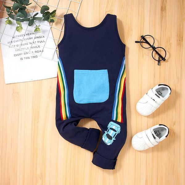

jumpsuits child boys girls sleeveless rainbow overall jumpsuit romper kids clothes summer racing car printed, Blue