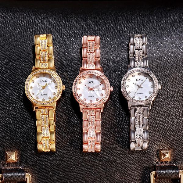 

wristwatches gold quartz watch fashion leisure suit steel band water drill shell, Slivery;brown