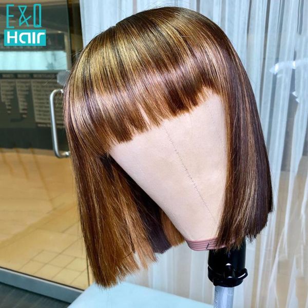 

lace wigs short bob wig red fringe highlight with bangs remy brazilian front human hair ombre closure for black women, Black;brown