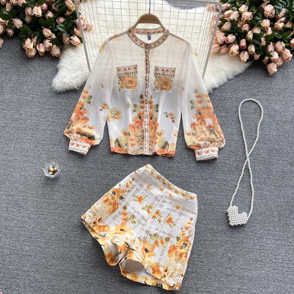 

women's tracksuits women chiffon stand neck shirt printing shorts arrivals two piece set fashion temperament autumn, Gray