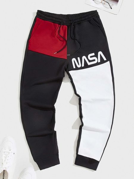

men letter graphic drawstring waist colorblock sweatpants f3en#, Black