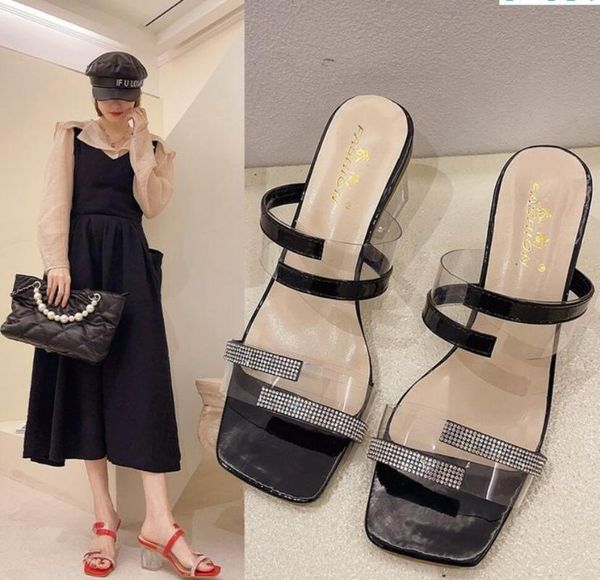 

slippers transparent diamond high-heeled 2021 summer korean crystal heel thick sandal girl, Black