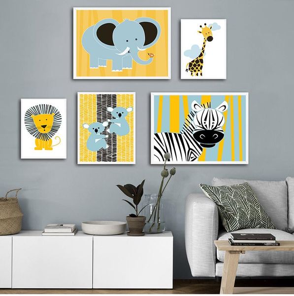 

paintings yellow lion canvas painting baby room decor cartoon animals wall art nordic zebra plakat pictures for kids