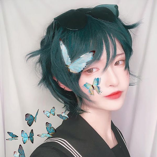 

synthetic wigs cosplay wig high temperature resistant fiber dark green male short curly hair fluffy natural lolita, Black