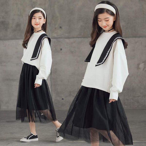 

clothing sets children suits 2021 fall teenage girl ruffles t shirts and long skirts 2piece kids spring 4 6 8 10 12 14year, White