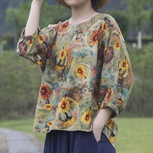 

t-shirt t-shirt 2021 summer new women's national style cotton hemp jacket round neck loose thin shirt quarter sleeve, White