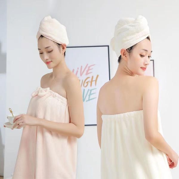 

towel 2pcs kit women bathroom microfiber soft thick bath bathrobe dry hair set super absorbent wearable shower beach