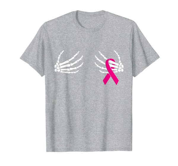 

skeleton hands on chest breast cancer awareness pink ribbon t-shirt, White;black