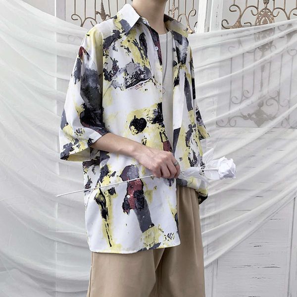 

men's casual shirts shirtloose fitting men's short sleeve shirt trend versatile hawaiian five point summer middle smart casual clo, White;black