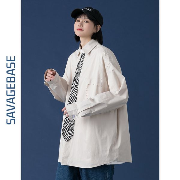 

jk college tie shirt lovers' wear 2021 new spring and autumn korean loose long sleeve lining clothes for men and women, White;black
