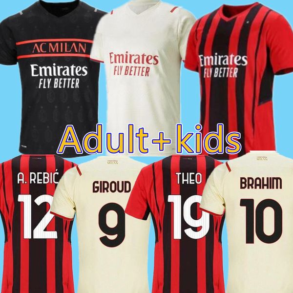 

thailand 21 22 ac soccer jerseys milan ibrahimovic giroud 2021 2022 tonali mandzukic kjaer kessie theo brahim men kid sets football kit, Black;yellow