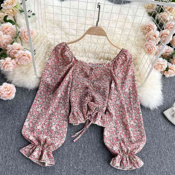 

japanese sweet floral print drawstring puff sleeve high waist short all match chiffon womens 210421, White