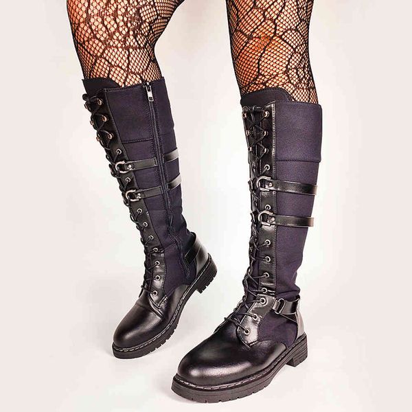 

boots the big size 43 female balck zipper platform cross tied mid calf shoes women chunky ffy fashion boots, Black