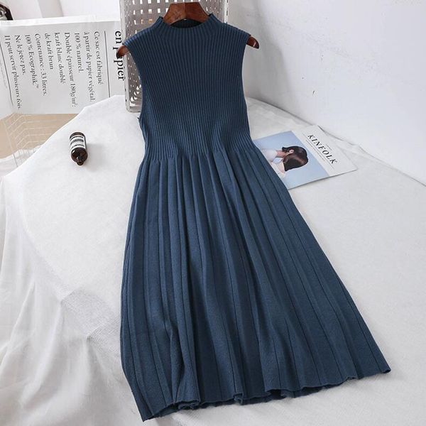 

dresses elegant women knitted vintage a-line half turtleneck sleeveless pleated es autumn winter sweater bottoming vestidos, Black;gray