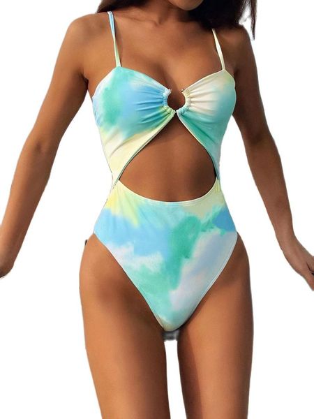 

one-piece suits 2021 women tie dyed printed monokini swimwear hollow out one piece swimsuit stroje k pielowe damskie