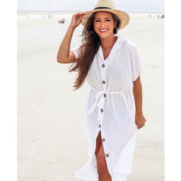 Cover-Ups White Algodão Túnica Verão Mulheres Praia Desgaste Banheiro Vestido Casual V-Pescoço de Manga Curta Front Aberta Swimsuit Tampa Up Q743 210420