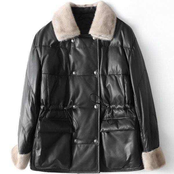 

women's leather & faux 2021 winter fashion fur collar genuine coat sheepskin real jackets c849, Black