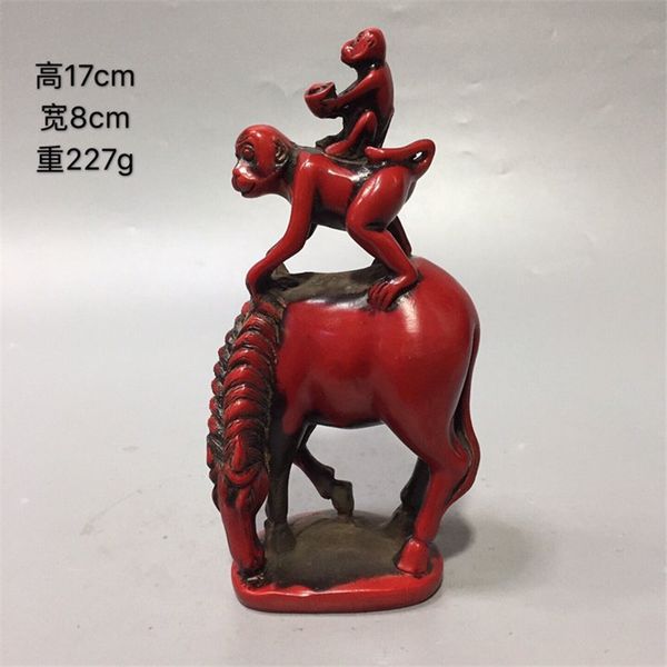

china old beijing old goods red coral carving monkey horse statue, Brown