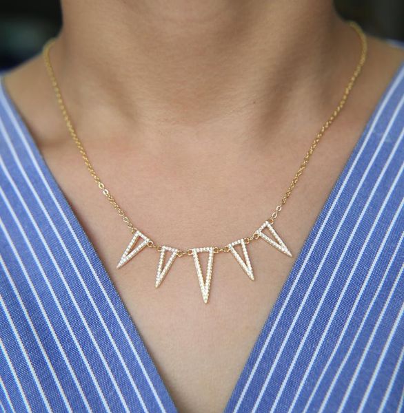 

kolye collares double sides pendant necklace 2 colors long bling triangle paved cz for women statement jewelry chokers, Golden;silver