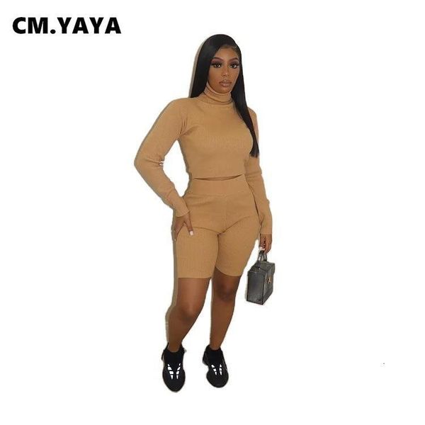 

women's tracksuits cm.yaya two piece set sweatsuit women fall winter fitness outfits crop +jogger shorts sport activewear knitted track, Gray