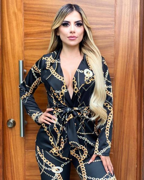 

women's two piece pants hhdmv 2021 ladies street casual style women suit long sleeve lapel elastic printed lady 2 sets, White