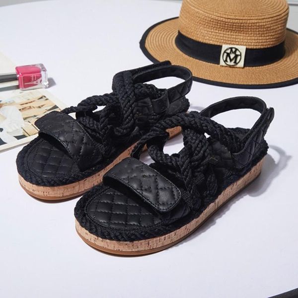 

sandals 2021 women mixed color thick bottom slides lace up for flat casual outdoor drawstring genuine leather, Black