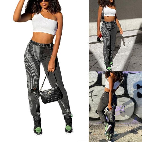 

women's jeans women denim trousers, ripped high waist casual pocket dye printed streetwear, Blue