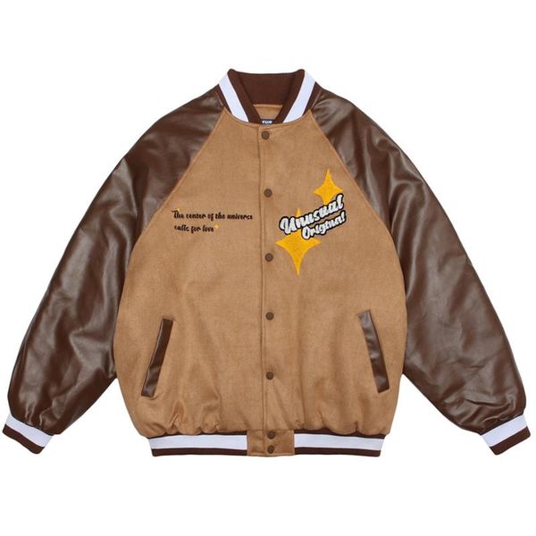 

men's jackets men letter embroidery bomber patchwork thick warm baseball coats oversized v-neck pu leather streetwear, Black;brown