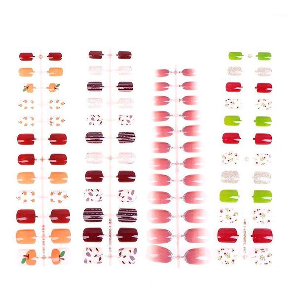 

24pcs/set girls summer holiday gradient blue fake nail sweet short square art tips women smooth press on1, Red;gold