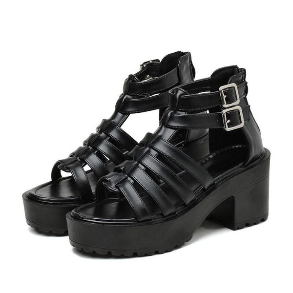 

block heel shoes platform punk chunky women casual sandals high heels gladiators 2021 summer wedges ymb108-1, Black