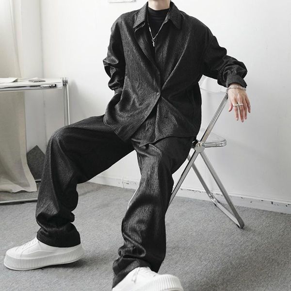

jogging clothing men's wear loose lapel single breasted shirts and straight casual pants two pieces set japanese streetwear suit 2021, Black;red