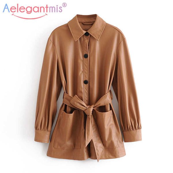 Aelegantmis Vintage Slim Pu Giacca di Pelle Donna Motor Biker Tie Cintura Cappotto Femael Tasche Streetwear Qualità 210607