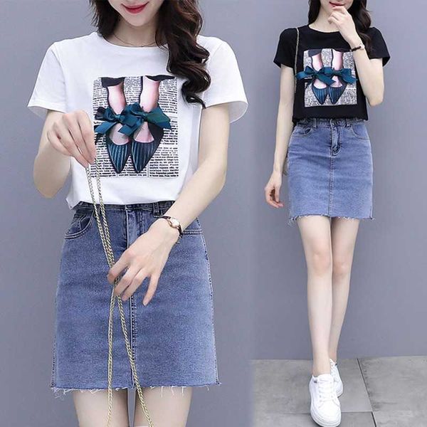 

summer female sweet bead bow print short sleeve white t-shirt + denim skirt two-piece sets 210531