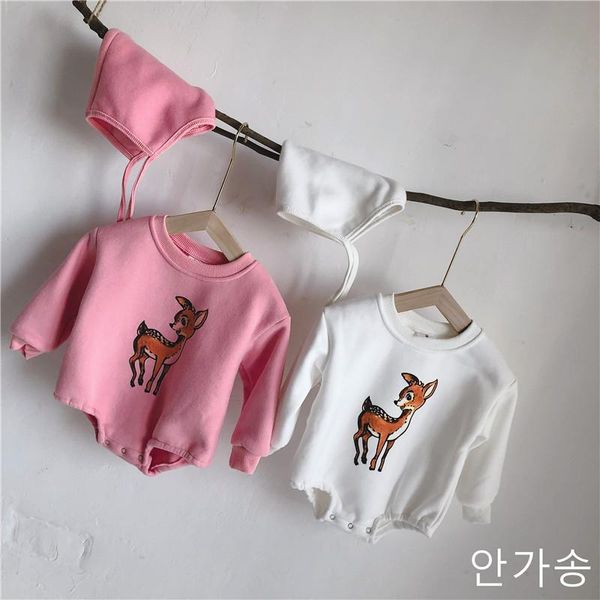 

baby jumpsuits 2021 spring and autumn warm plus fluff round neck fawn cute with hat girls boys climbing suit rompers, Blue