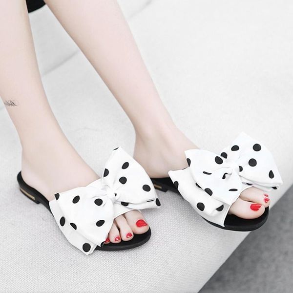 

cute polka dot women slippers fashion butterfly-knot flats open toe summer slides white casual shoes, Black