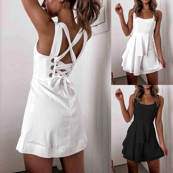 

casual dresses 2021 summer women's fashion solid spaghetti straps bow slash neck sleeveless backless hollow out empire mini dress lady, Black;gray