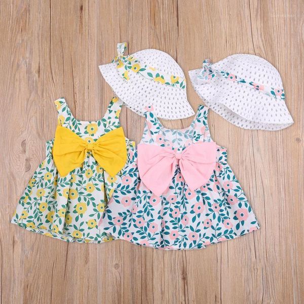 

girl's dresses princess dress 2021 summer infant kids baby girl sleeveless floral bow boho hat 2pcs outfits girls clothes1, Red;yellow