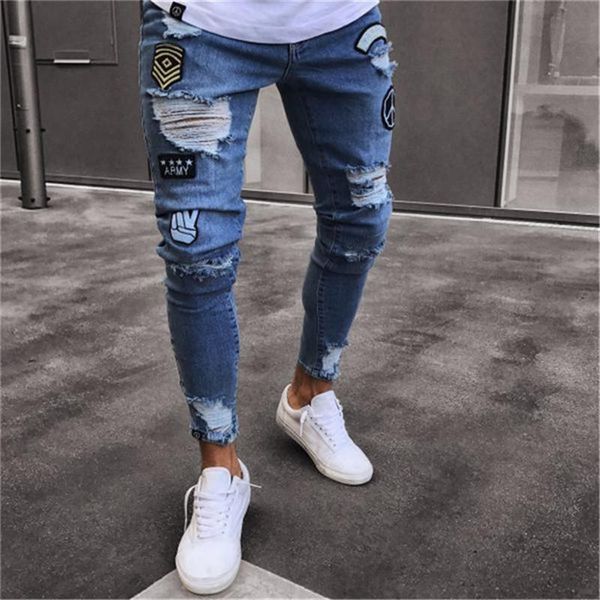 

men's jeans fashion skinny men stylish ripped pants biker slim straight frayed denim trousers clothes, Blue