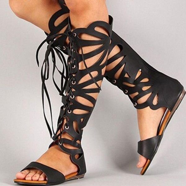 

sandals fashion cut-outs lace up flat with cross tied sandal zipper woman open toe knee high gladiator roman hollow, Black