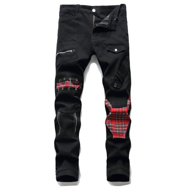 

men's tartan plaids patchwork jeans punk rock zippers rivets black pants trendy slim straight trousers, Blue