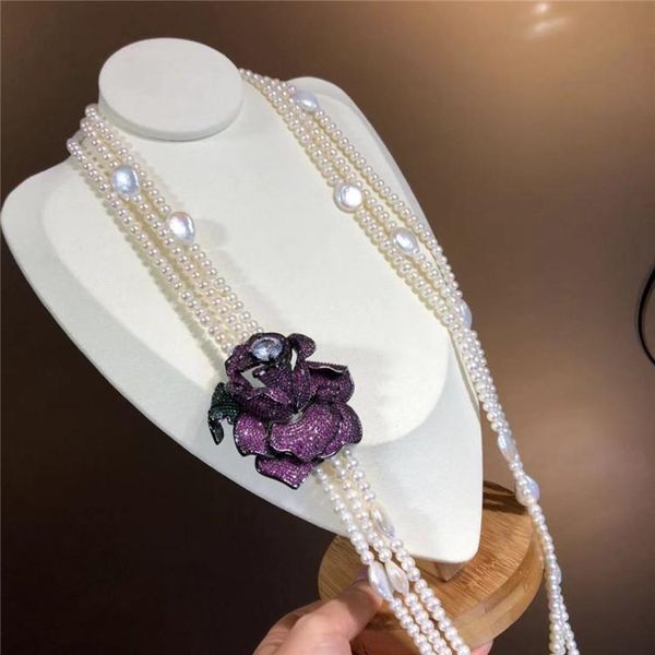 

chains natural 3strand 5-6mm freshwater pearl 11-12mm coin micro inlaid zircon flower buckle accessories long style sweater neckl, Silver