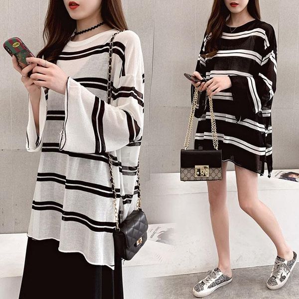 

women's sweaters 2021 summer big code 3xl thin section head female loose plaid sweater coat casual sun protection clothing b48, White;black