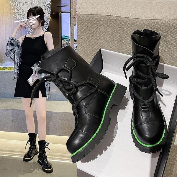 

boots 2021 black ankle microfiber leather women flat platform short ladies british wind motorcycle shoes autumn