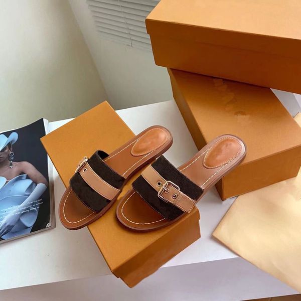 

2021 luxury designer classic women girls sandals slippers casual shoes flat printed leather needle style design fashion with box, Black
