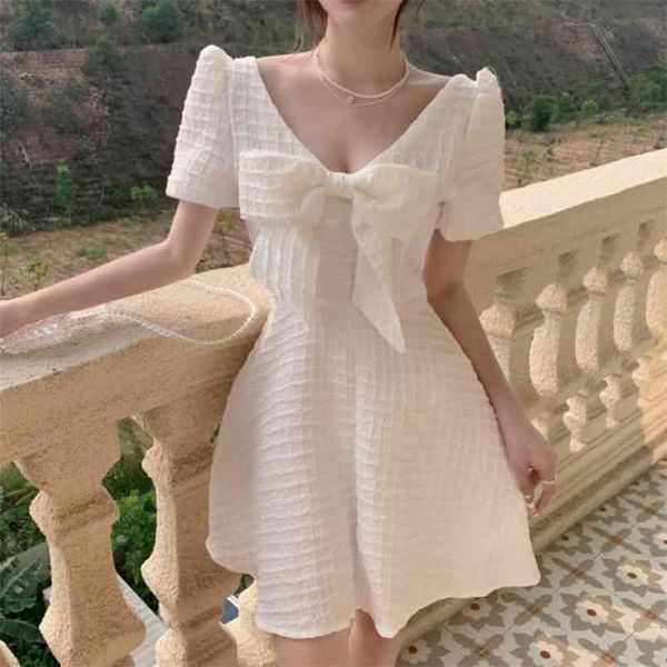 

sweet solid bow white vintage summer dress women a-line mini party korean fashion puff sleeve elegant vestidos mujer 210514, Black;gray