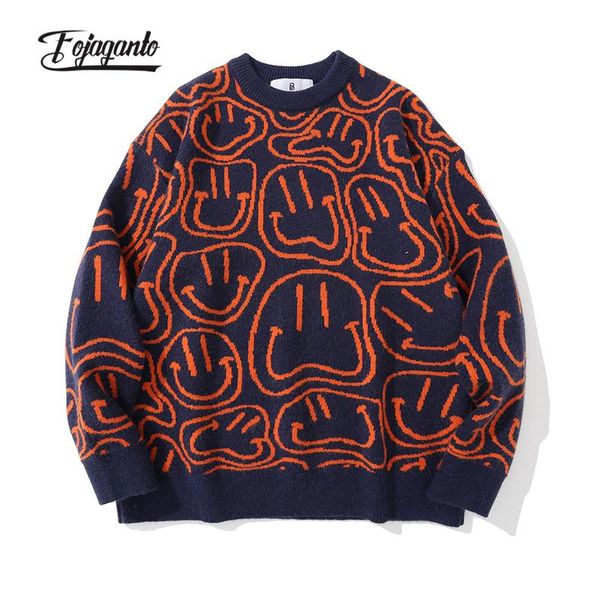 

men's sweaters fojaganto autumn trendy korean vintage jacquard couple pullover street harajuku casual brand knit sweater male, White;black
