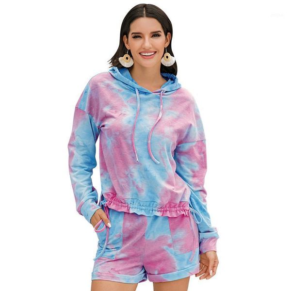 

tie dye tracksuits women pajamas two piece set casual long sleeve hooded sweatshirt and shorts suits home clothes lounge wear dress, White