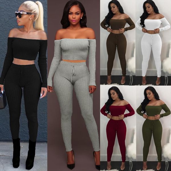 

knitted 2 piece set womens pants slash neck crop high waist pant long sleeve elegant suits vacation fashion streetwear, White